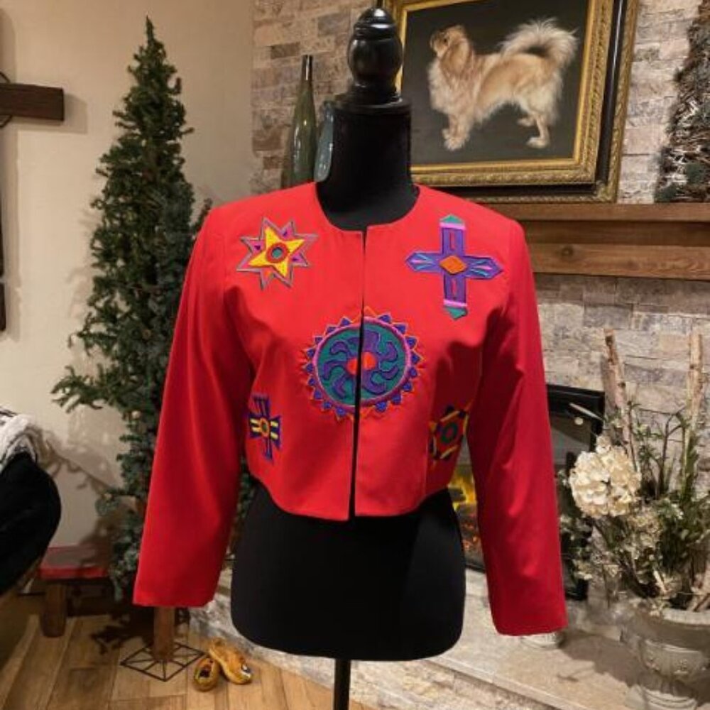 DEBORAH LAWS Vintage Colorful RED Cropped Lined Jacket Blazer Size 6 CUTE!